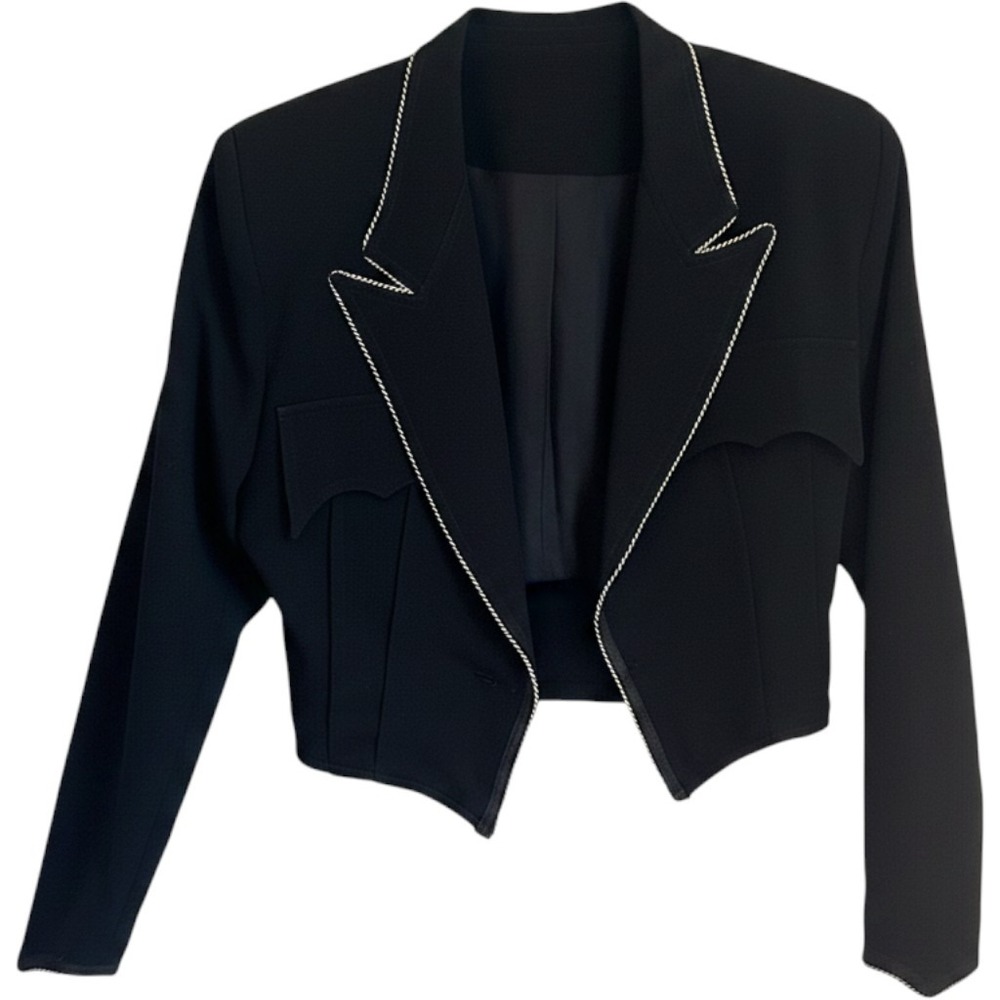 Chevalier Vintage Western Cropped Blazer Black Wool Rope Trim Made in USA Small